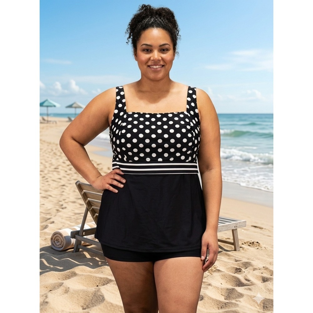 Lands End Women's Square Neck Tankini Swim Top Polka Dot Black White 20W Plus
